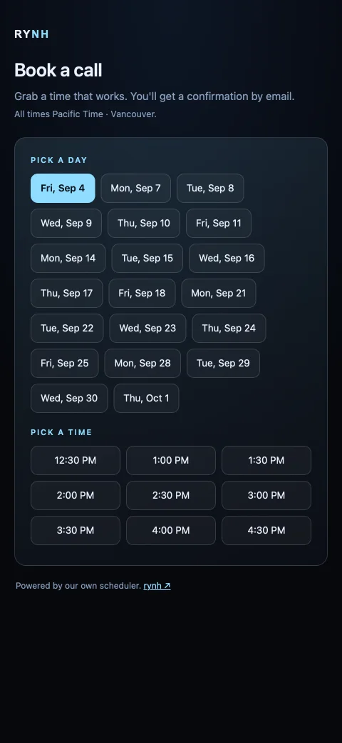 A booking page showing selectable days across four weeks and a grid of available appointment times