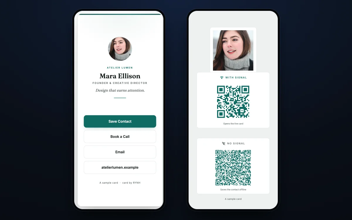 A live digital business card beside a phone lock screen carrying two QR codes, one that opens the card and one that saves the contact offline