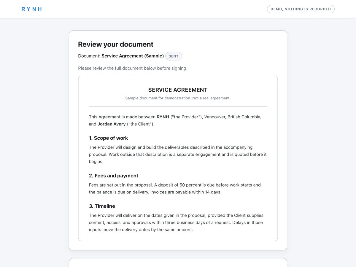 A document signing page showing a service agreement, a signature field, and an electronic signature consent box