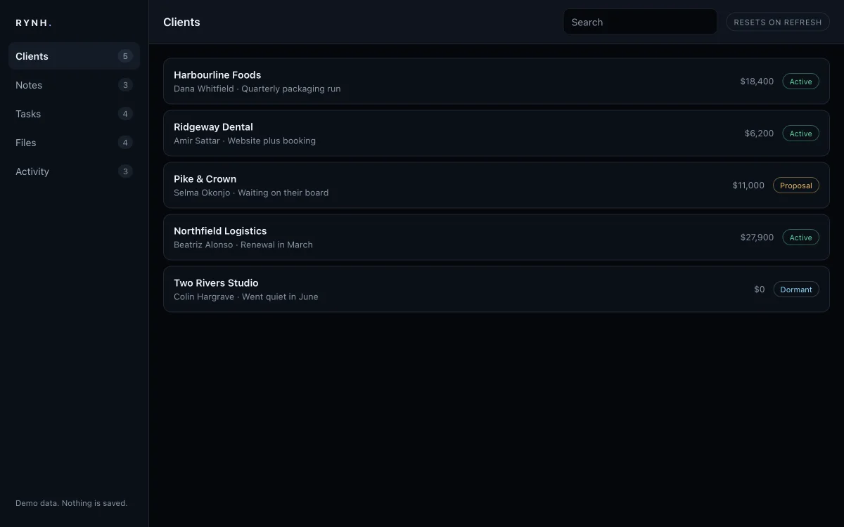 A client workspace showing a client list with contacts, values and status, beside a sidebar for notes, tasks, files and activity